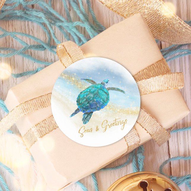 Adesivo Redondo Mar e Saudações Tartaruga Costeira do Mar de Praia (Criador carregado)