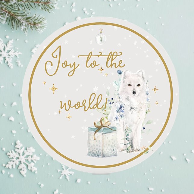 Adesivo Redondo Maravilha de inverno Snow Wolf Joy para o mundo ("Joy to the World" winter wonderland Christmas greeting card. Watercolor in beautiful white wolf.)