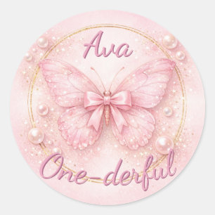 Adesivo Redondo Maravilhosa Borboleta Rosa de 1º Aniversário 
