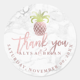 Adesivo Redondo Marble/Faux Rosa Dourado Abacaxi Obrigado