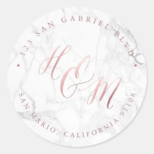 Adesivo Redondo Marble Faux Rosa Dourado Calliografia Ampersand (Frente)