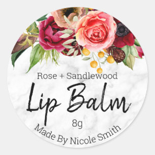 Adesivo Redondo Marble Watercolor Flowers Lip Balm Pote Labels