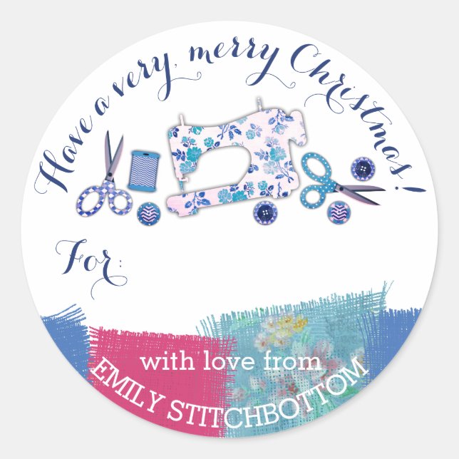 Adesivo Redondo Marca de Natal feita à mão com máquina de costura  (Frente)