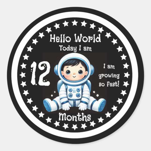 Adesivo Redondo Marco de 12 meses de bebê Astronauta (Frente)