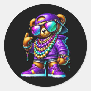 Adesivo Redondo Mardi Gras Bear Para Meninos Hip Hop New Orleans T