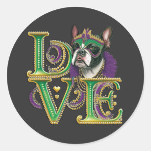Adesivo Redondo Mardi Gras Boston Terrier Word LOVE Mascarada