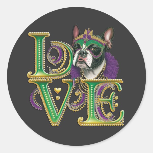 Adesivo Redondo Mardi Gras Boston Terrier Word LOVE Mascarada (Frente)