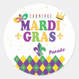 Adesivo Redondo Mardi Gras Carnaval Harlequin Fleur de Lis Diamond
