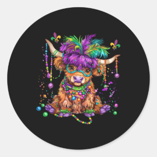 Adesivo Redondo Mardi Gras Cow Vestindo Miçangas de Costume Mardi