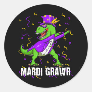 Adesivo Redondo Mardi Gras Dabbing T Rex Dinossaur Mardi Grawr Bea