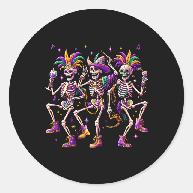 Adesivo Redondo Mardi Gras Dançando Skeleton Engraçado (Frente)