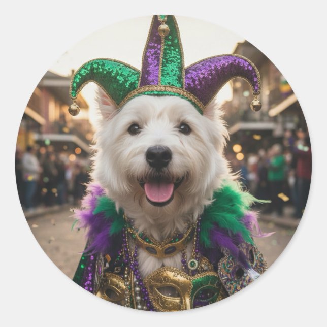 Adesivo Redondo Mardi Gras Dog Jester Costume (Frente)