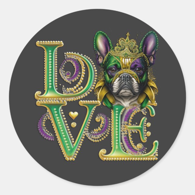 Adesivo Redondo Mardi Gras French Bulldog Word LOVE Mascarada (Frente)