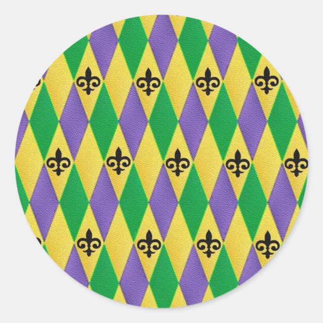 Adesivo Redondo Mardi Gras Harlequin Fleur De Lis (Frente)