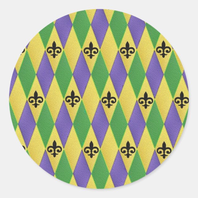 Adesivo Redondo Mardi Gras Harlequin Fleur De Lis (Frente)