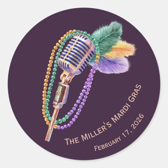 Adesivo Redondo Mardi Gras Jazz Microphone Custom Stickers (Frente)
