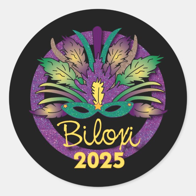 Adesivo Redondo Mardi Gras Mask Sticker - 2025 - Biloxi, MS (Frente)
