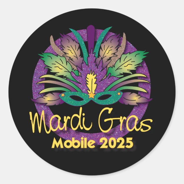 Adesivo Redondo Mardi Gras Mask Sticker -2025 - Mobile, AL (Frente)