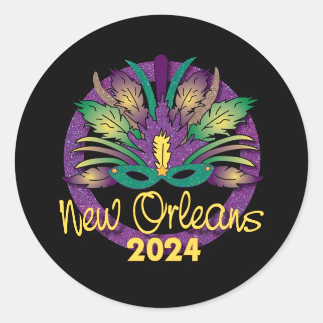 Adesivo Redondo Mardi Gras New Orleans Mask Sticker - 2024 (Frente)