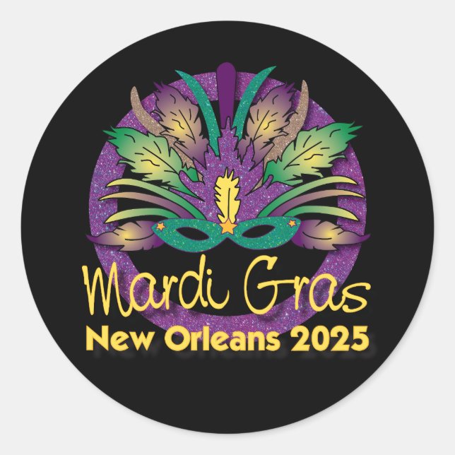 Adesivo Redondo Mardi Gras New Orleans Mask Sticker - 2025 (Frente)