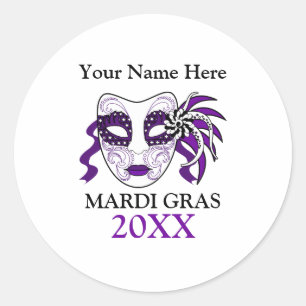Adesivo Redondo Mardi Gras Personalizado com uma máscara de festiv