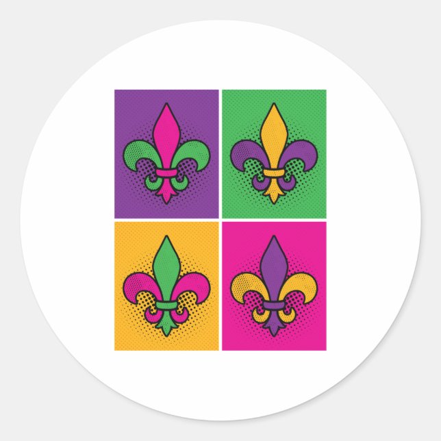 Adesivo Redondo Mardi Gras Pop Art Fleur de Lis (Frente)