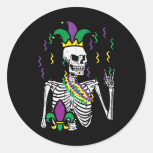 Adesivo Redondo Mardi Gras Skeleton Rock Mão Engraçado Tee Rocker
