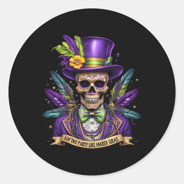 Adesivo Redondo Mardi Gras Skull Top Hat New Orleans WitDoctor (Frente)