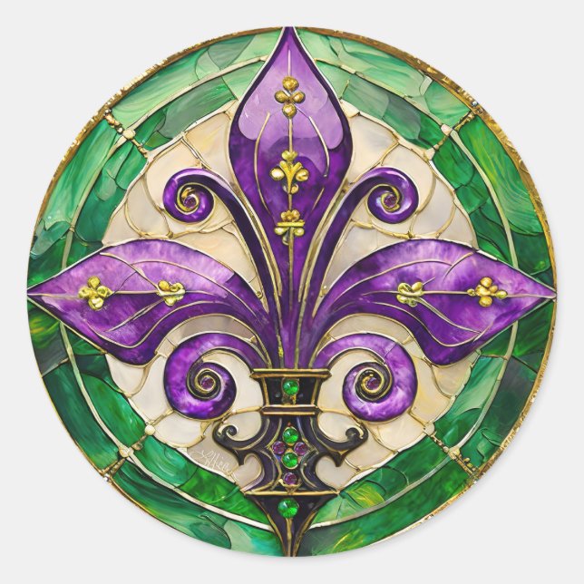 Adesivo Redondo Mardi Gras StainGlass Fleur de lis (Frente)