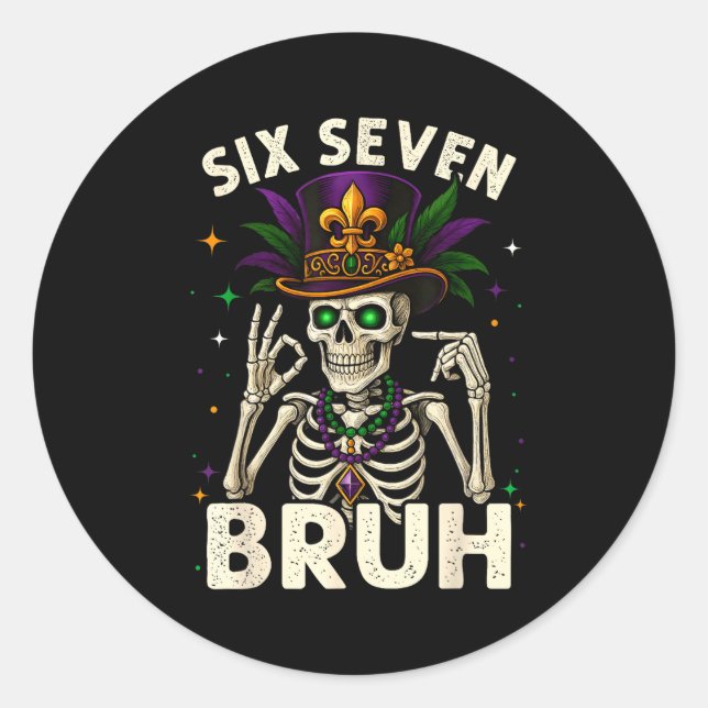 Adesivo Redondo Mardi Gras Sugar Skull Skeleton Six Seven Bruh Mem (Frente)