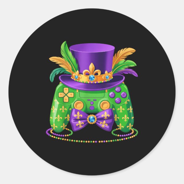 Adesivo Redondo Mardi Gras Video Game Controller Jester Hat Gamer  (Frente)