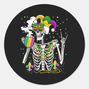 Adesivo Redondo Mardi Gras X-ray Skeleton Bebendo Café Cute Hea