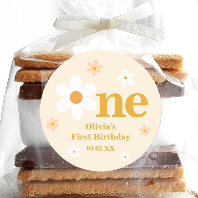 Adesivo Redondo Margarida Amarela-branca Um primeiro aniversario (Criador carregado)