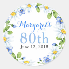 Adesivo Redondo Margarida Azul Branca Daisy Floral 80 Birthday