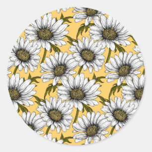 Adesivo Redondo Margaridas brancas, flores silvestres em amarelo
