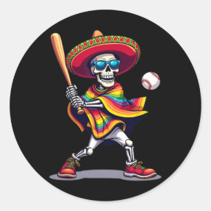 Adesivo Redondo Mariachi Skeleton Baseball Cinco De Mayo Mexicano