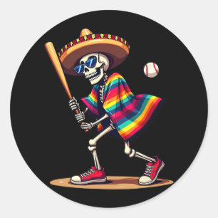 Adesivo Redondo Mariachi Skeleton Baseball Cinco De Mayo Mexicano 