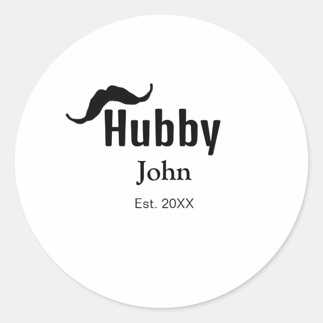 Adesivo Redondo marido Hubby adiciona nome data ano bigode simples (Frente)