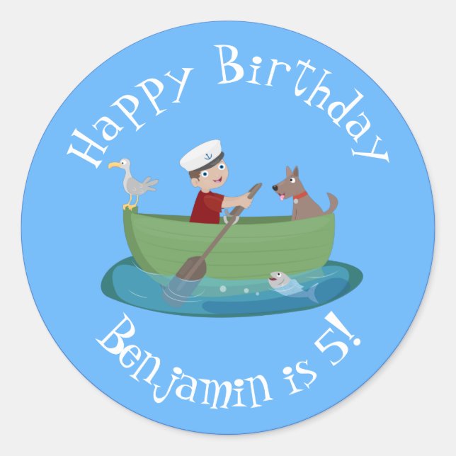 Adesivo Redondo Marinheiro e cartoon de barco a remos de cãozinho (Frente)