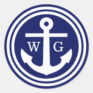Adesivo Redondo Marinho Azul Âncora Monograma Selos de Casamento S