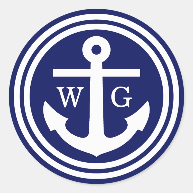 Adesivo Redondo Marinho Azul Âncora Monograma Selos de Casamento S (Frente)