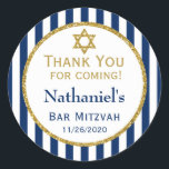 Adesivo Redondo Marinho Azul, Bar Dourado Mitzvah Obrigado Etiquet<br><div class="desc">Etiquetas mitzvah do bar Elegante com faixas azuis e brancas de marinho com sofisticado sotaque de brilho dourado e Estrela de David. Esses adesivos de etiquetas favoritos, de bar moderno e na moda mitzvah serão um sucesso para a celebração do seu filho. Dizem "Obrigado por vir" com o nome e...</div>
