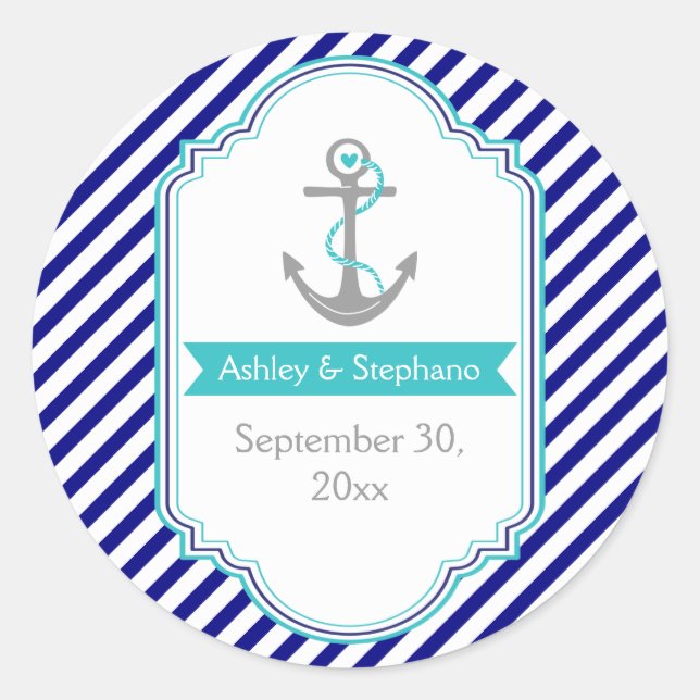 Adesivo Redondo Marinho azul, casamento náutico aqua Salvar Data (Frente)