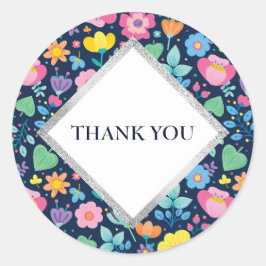 Adesivo Redondo Marinho Azul com Flores Bonitas Obrigado Sticker