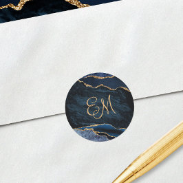 Adesivo Redondo Marinho Azul Dourado Agate Marble Monograma Casame