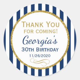 Adesivo Redondo Marinho Azul Dourado Aniversário Obrigado Por Vir