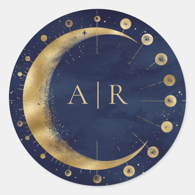 Adesivo Redondo Marinho Azul Dourado Crescente Invólucro da Lua (Frente)