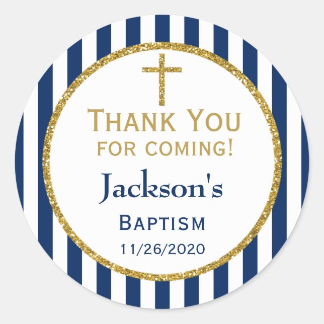 Adesivo Redondo Marinho Azul, Dourados Meninos Baptismo Obrigado P (Frente)