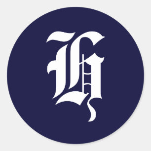 Adesivo Redondo Marinho, azul e branco, monograma, selos iniciais 