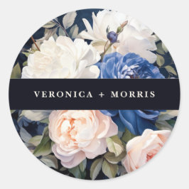 Adesivo Redondo Marinho Azul e Pincel Pintado Casamento Floral Ros